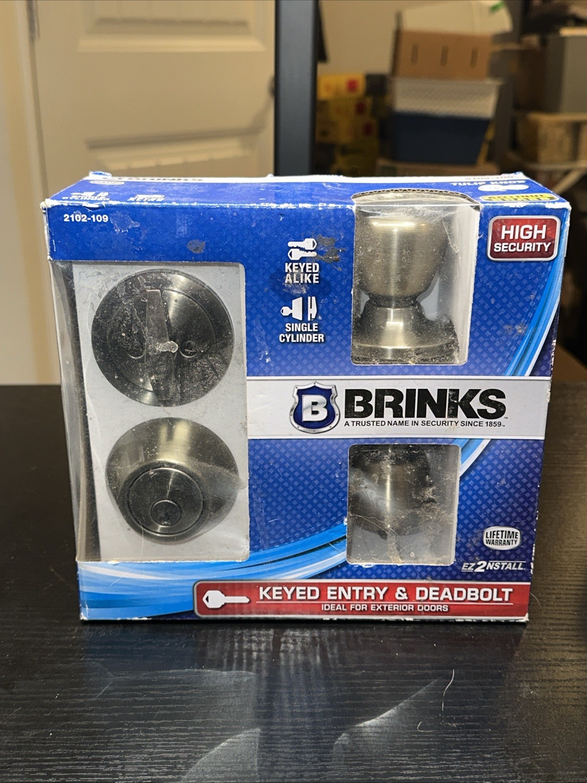 Brinks Keyed Entry Door Tulip Knob & Deadbolt 2102-109 Antique Brass
