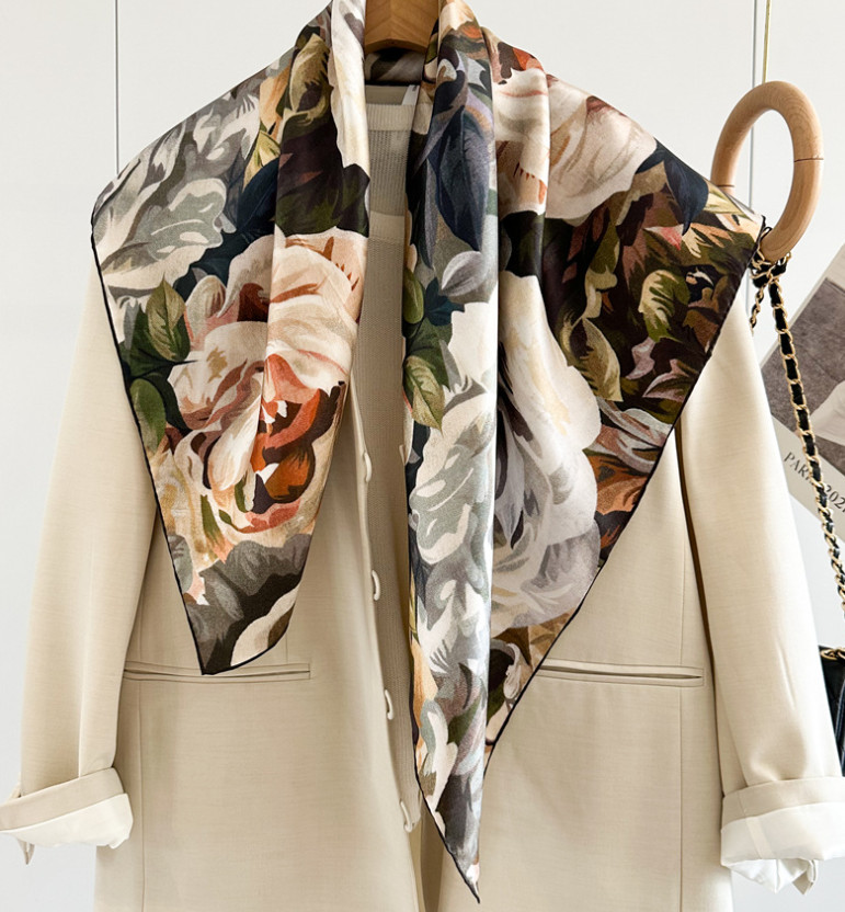 Pure 14 Momme Silk Wrap Scarf Bandanna Peony Flower Print Square Shawl 35'' new