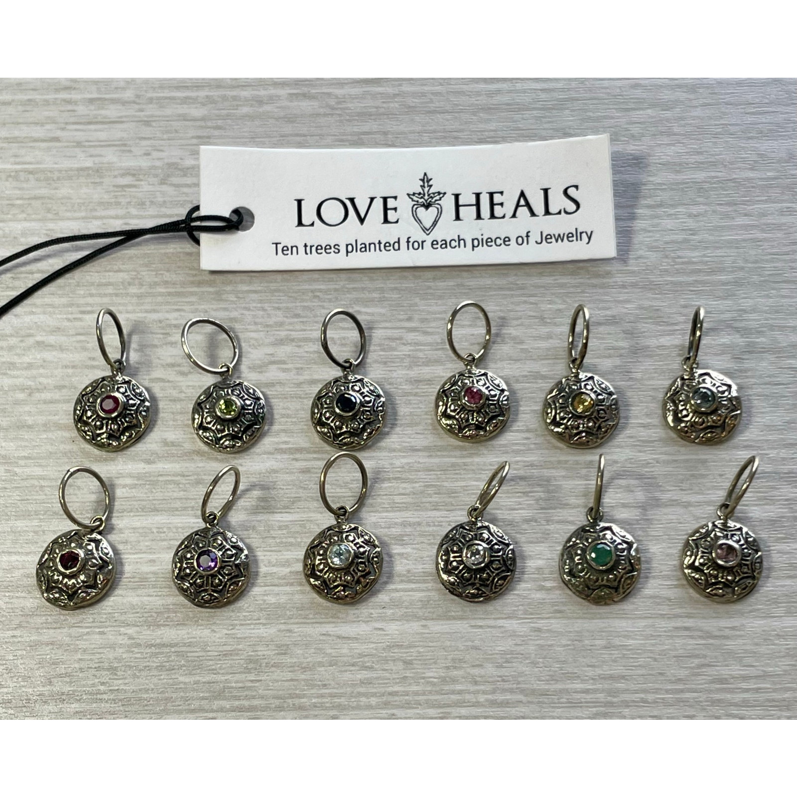 Love Heals Blue Zircon DECEMBER Birthstone Round White Bronze Charm LH93