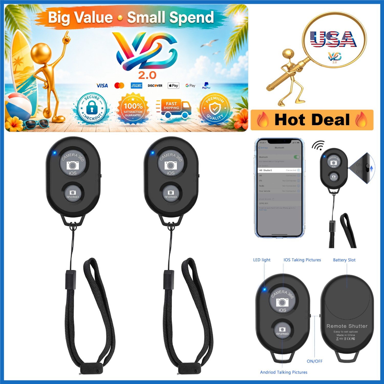 Wireless Camera Remote Shutter for Smartphones 2 Pack Bluetooth Compatible