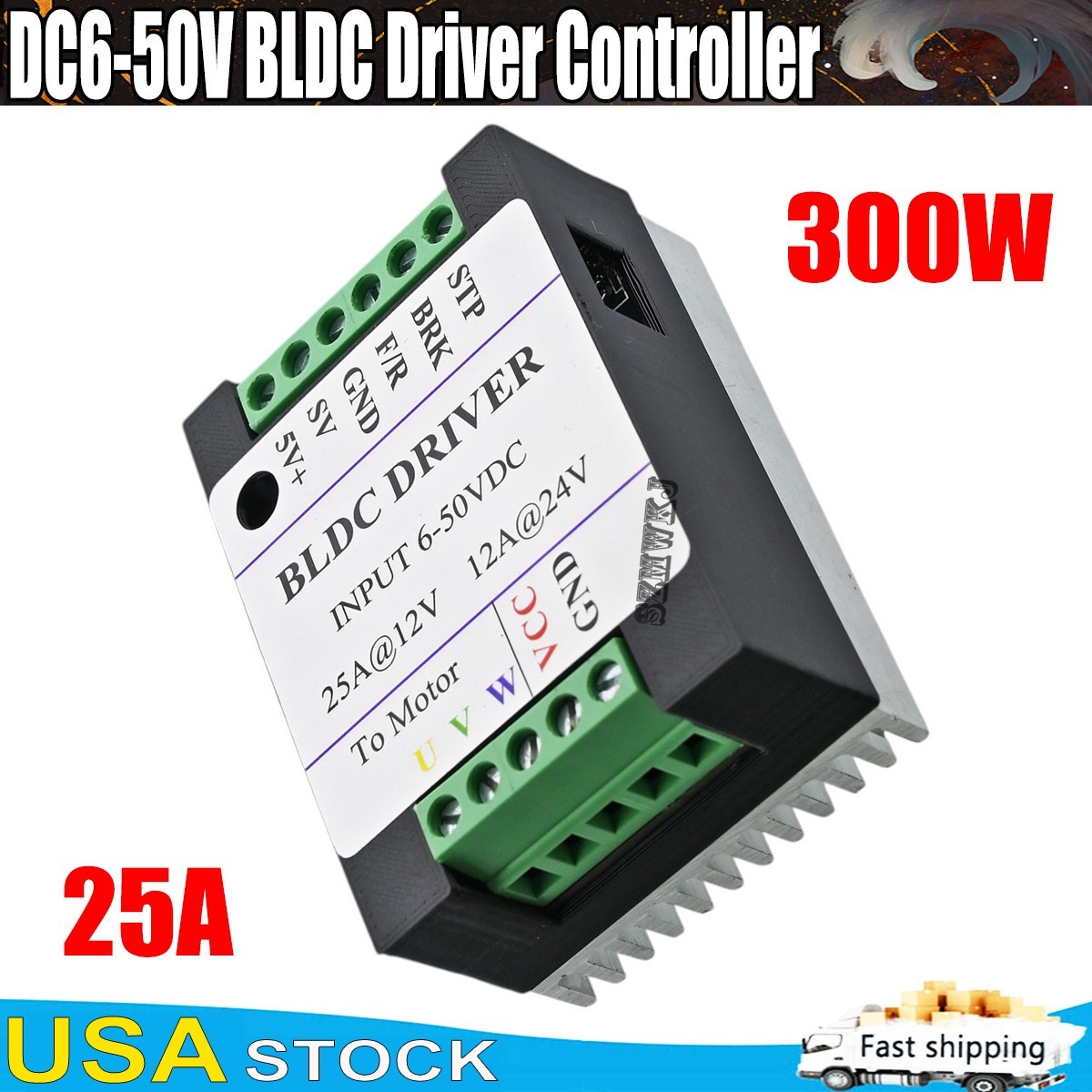 DC12V 300W Sensorless BLDC Driver 25A PWM 0-5V Motor Speed Control Reverse Brake