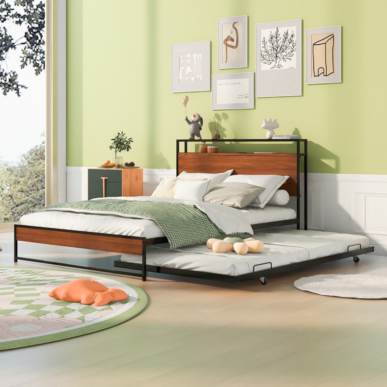Full/Queen Size Bed Frame Metal Platform Bed Frame w/ Trundle and USB Ports