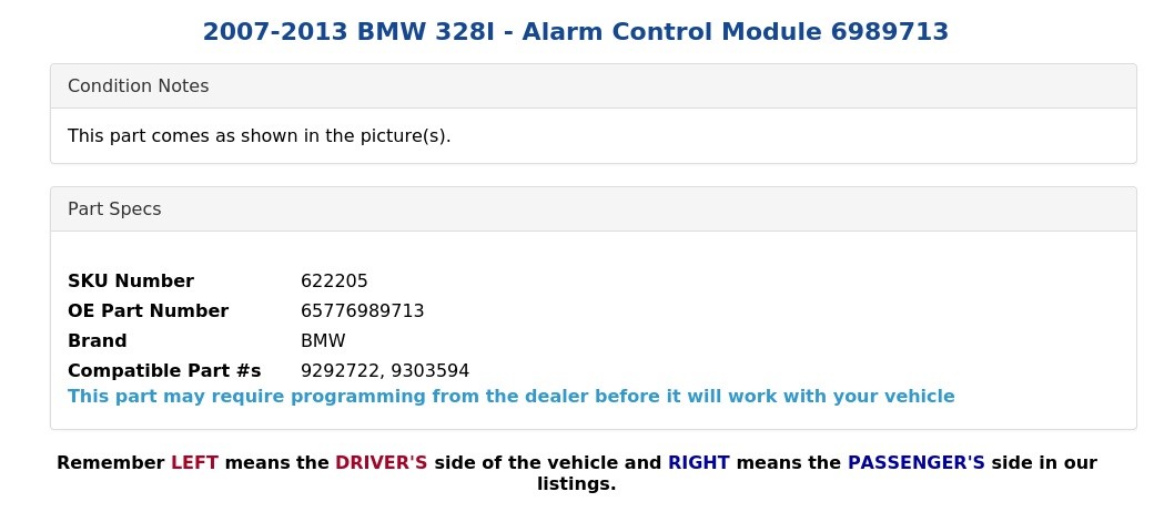 2007-2013 BMW 328I - Alarm Control Module 6989713