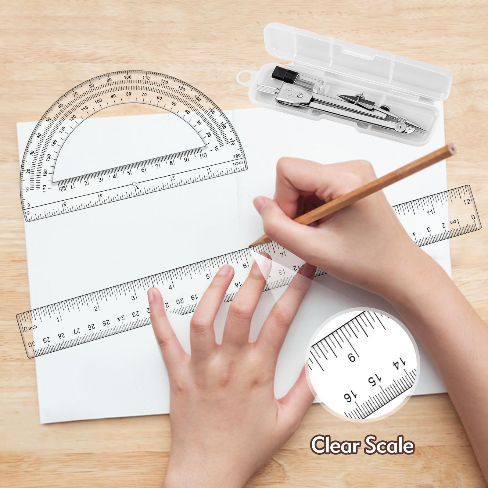 3 PCS Geometry Set 12 Inch Ruler Clear Protractor Compass Drawing Measuring