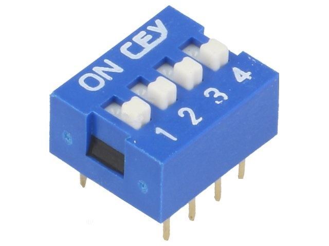 DIP Switch 4 poles, 8 pins ON-OFF; 0.05A/12VDC, THT