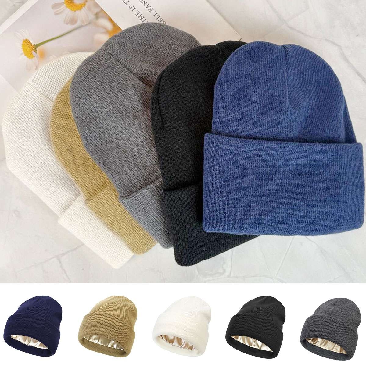 Womens Men Satin Lined Beanie Silk Lined Warm Winter Hat Knit Beanie Cap US