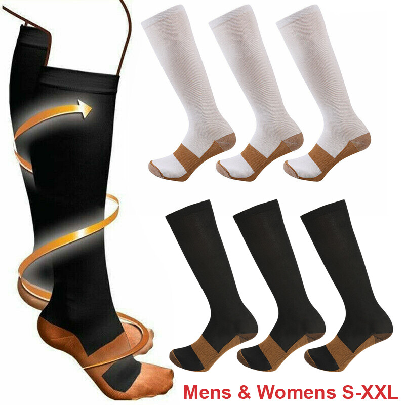 3 Pairs Copper Compression 20-30mmHg Graduated Support Socks Mens Womens S-XXL
