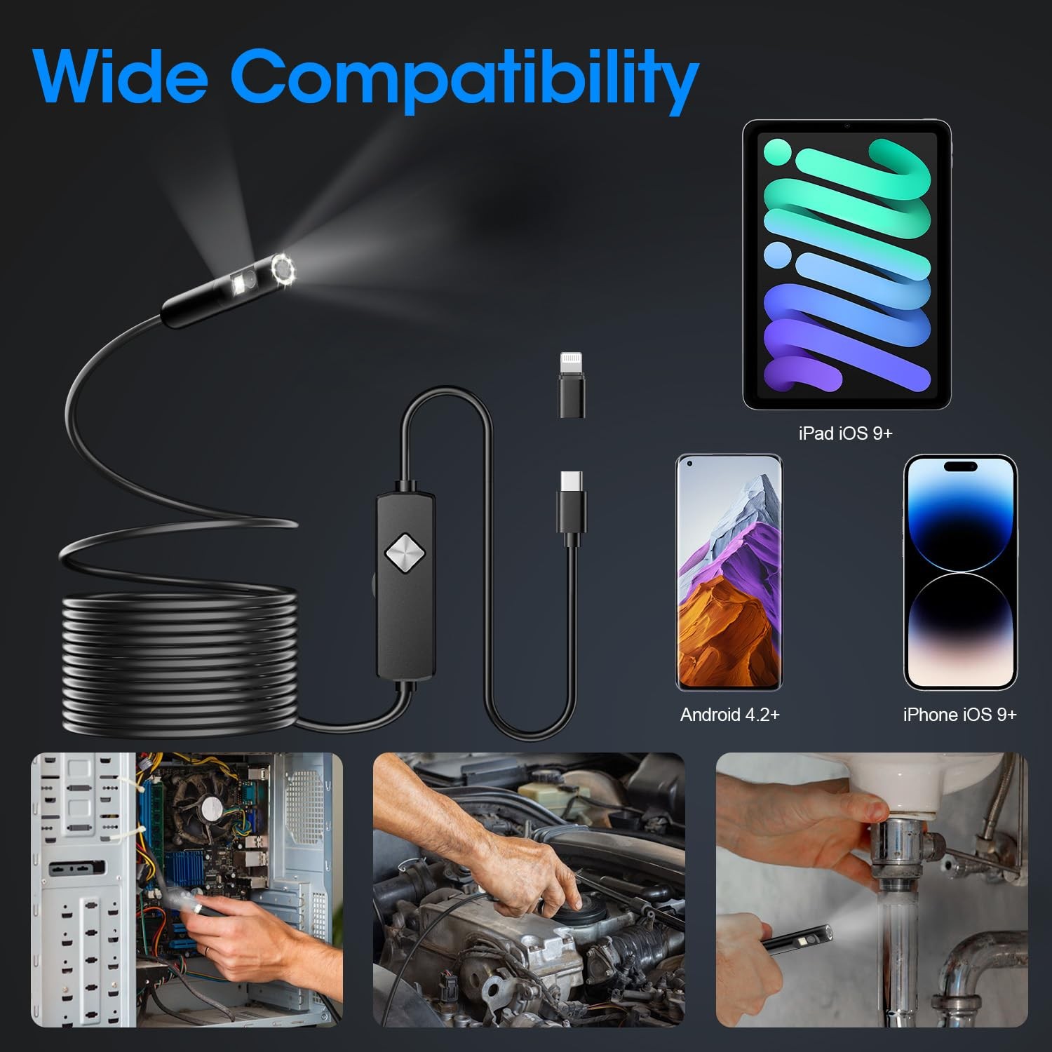 Papiblu Endoscope Light 1920P Hd Borescope 8 Adjustable Led Lights Semi-Rigid