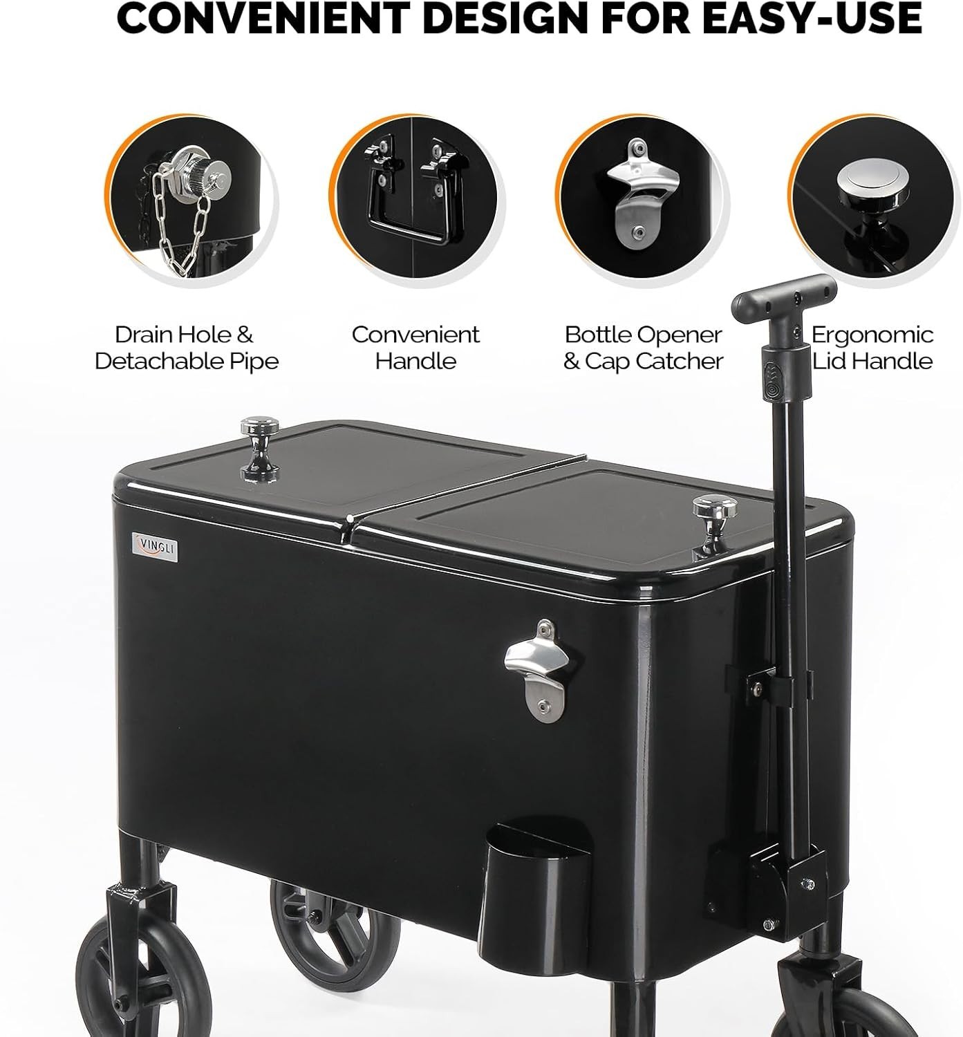 80 Quart Rolling Cooler Ice Chest with Wheels and Long Handle Black