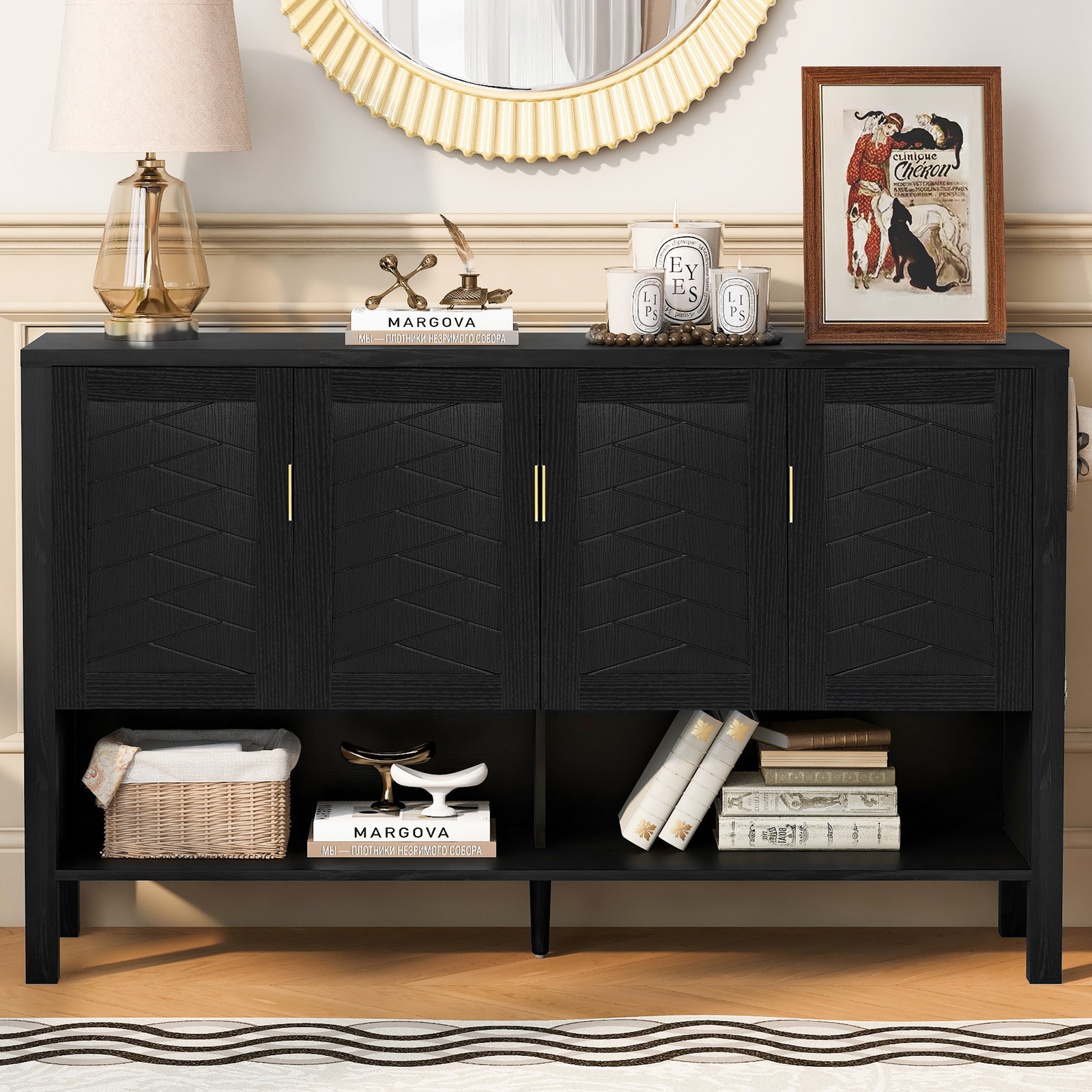 U_STYLE 55.1''Storage Sideboard with 4-Doors,Multi Functional Buffet with Open