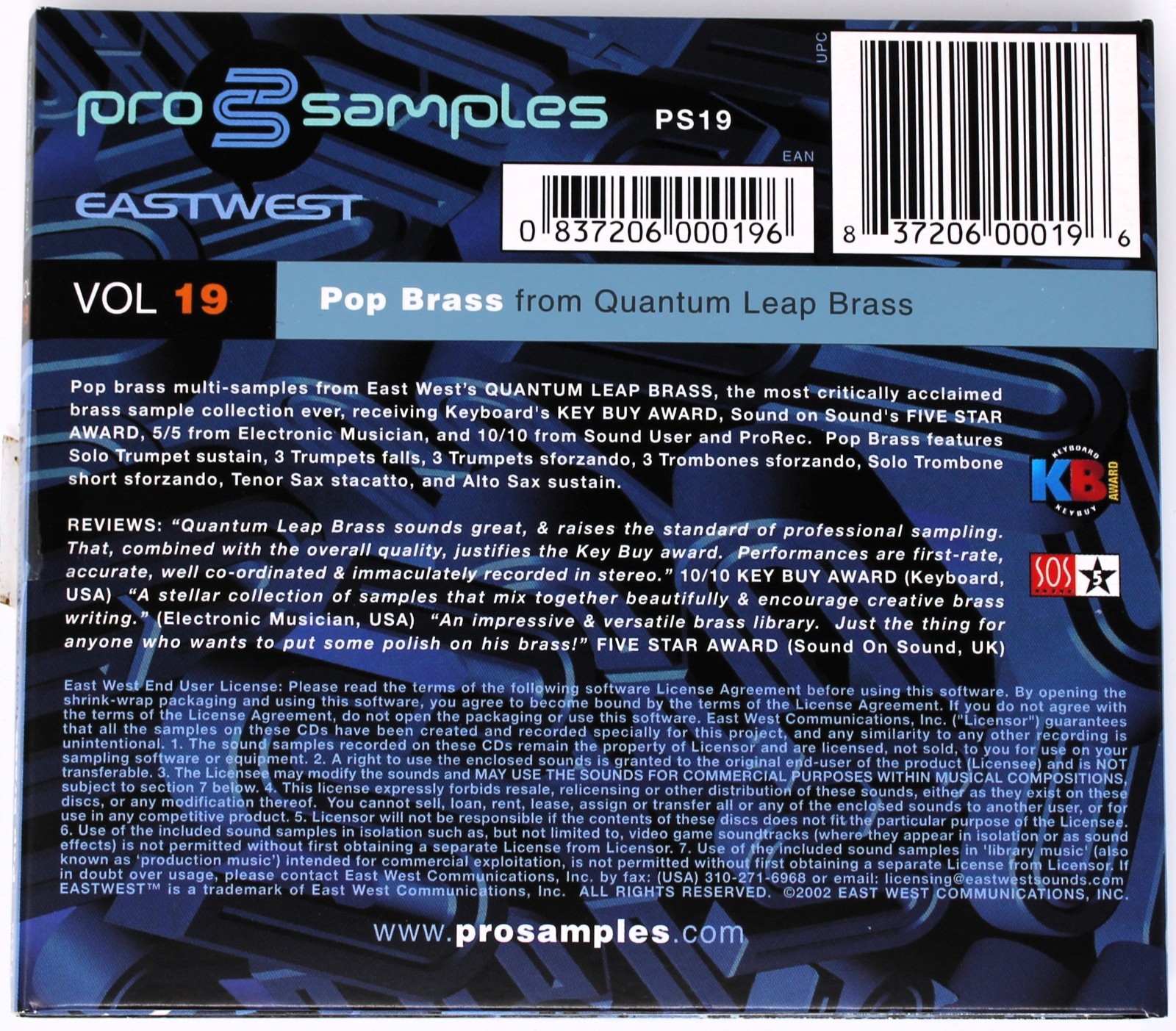 East West Pro Samples 19 Pop Brass Sample/Sound Library/Sampling CD