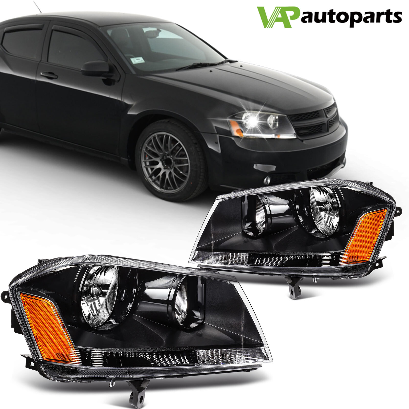 For Dodge Avenger 2008-2014 Headlights Assembly Pair Black Housing Headlamp Set