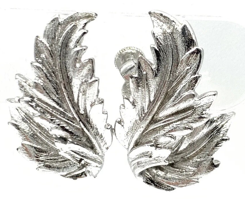 Vintage Coro Earrings Mid Century Leaf Leaves Floral Silver Clip Adjustable B6