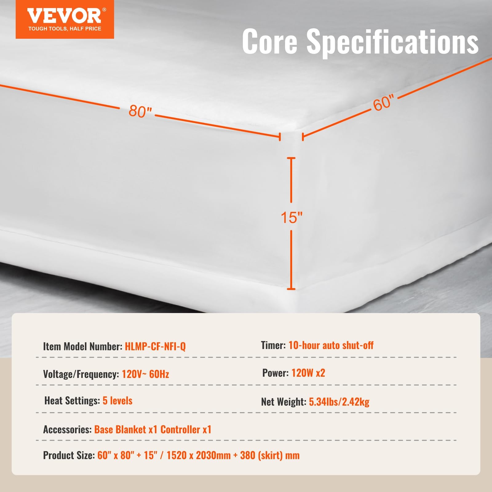 VEVOR Heated Mattress Pad, 60"x80", White Queen Electric 60 x 80 in,