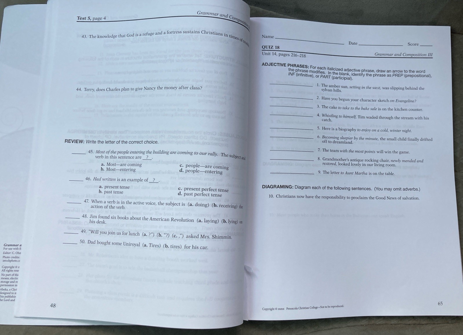 Abeka Grammar And Composition Quizzes And Tests III. Almost Blank! 9th Grade.