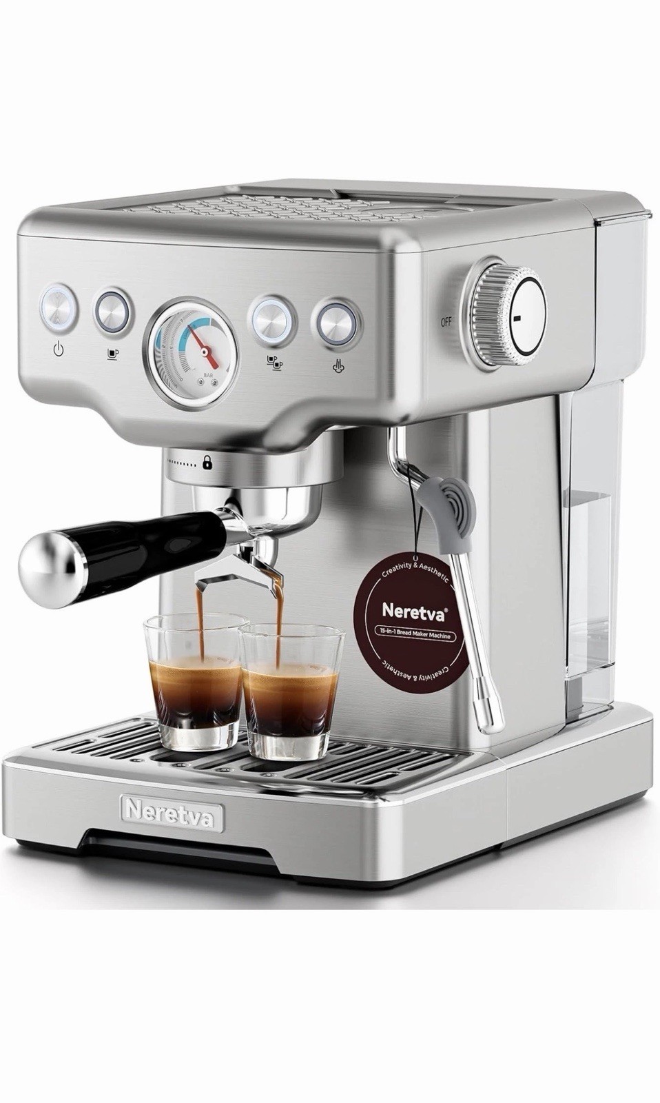 Neretva 15 Bar Espresso Machine with Pressure Gauge Milk Frother Latte Coffee