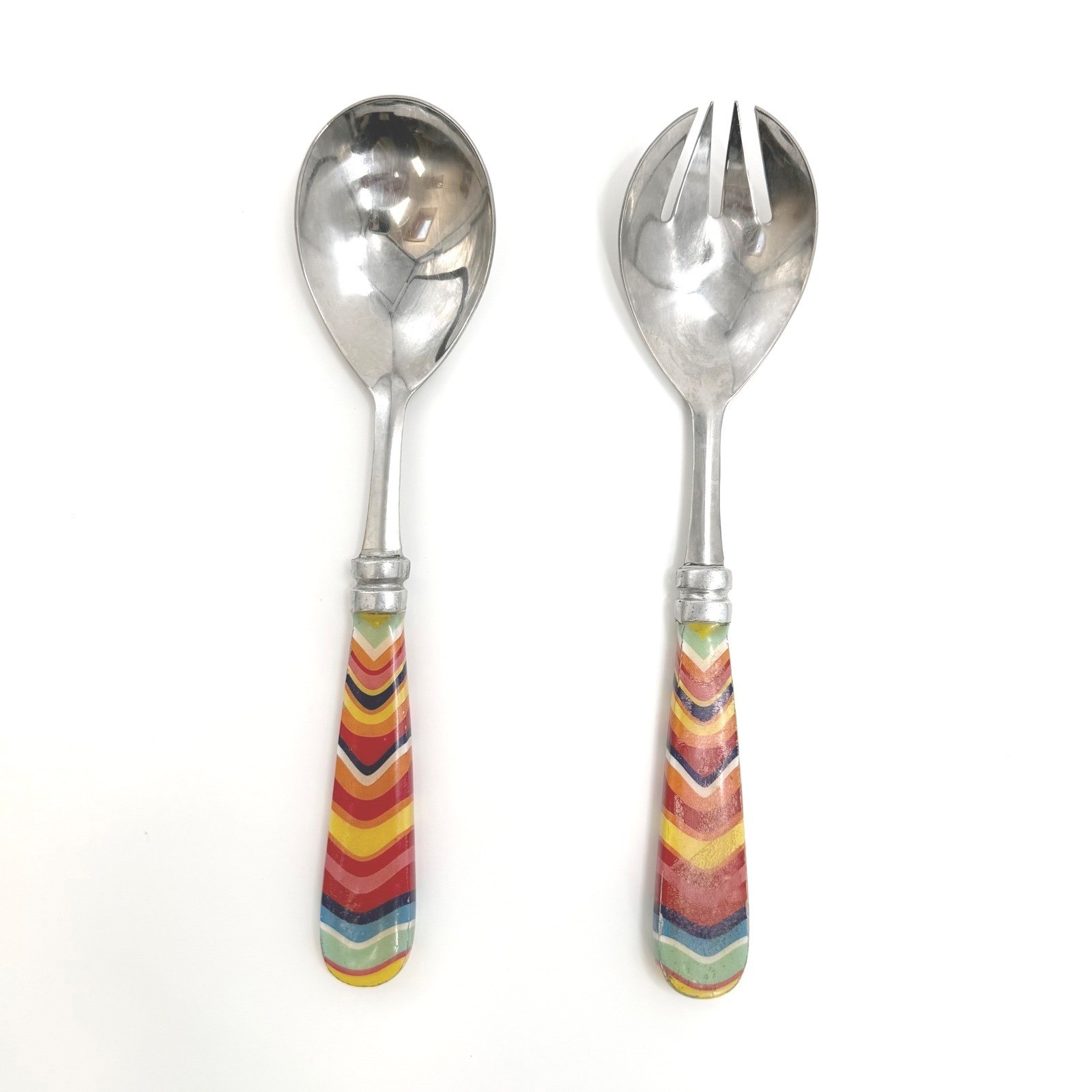 Rare Fiestawear Stainless Two Piece Rainbow Chevron Salad Server Fork Spoon Set