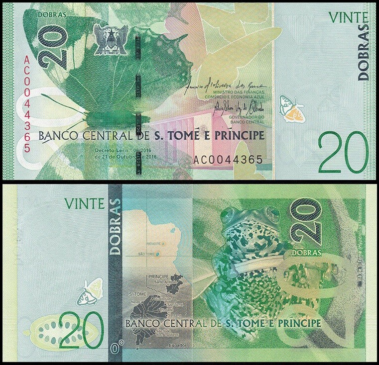 SAO TOME E PRINCIPE 20 DOBRAS 2016 UNC CHARAXES BARNSI BUTTERFLY,TREE FROG,MAP O