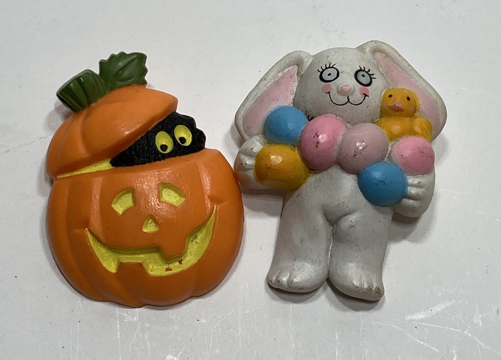 Early Vintage Bunny Rabbit Easter Jack-o-Lantern Halloween Brooch / Pin Pair