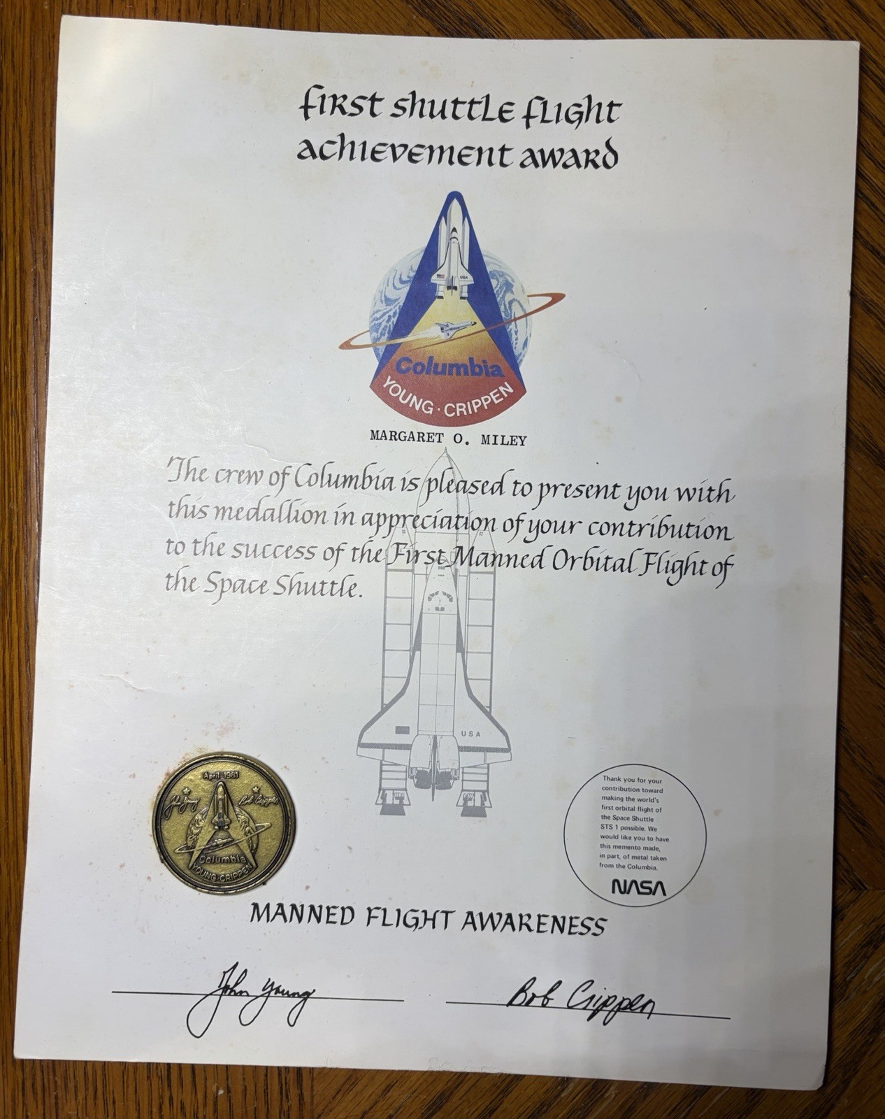Original 1981 NASA STS-1 Columbia Employee Award Certificate - Flown Metal Coin
