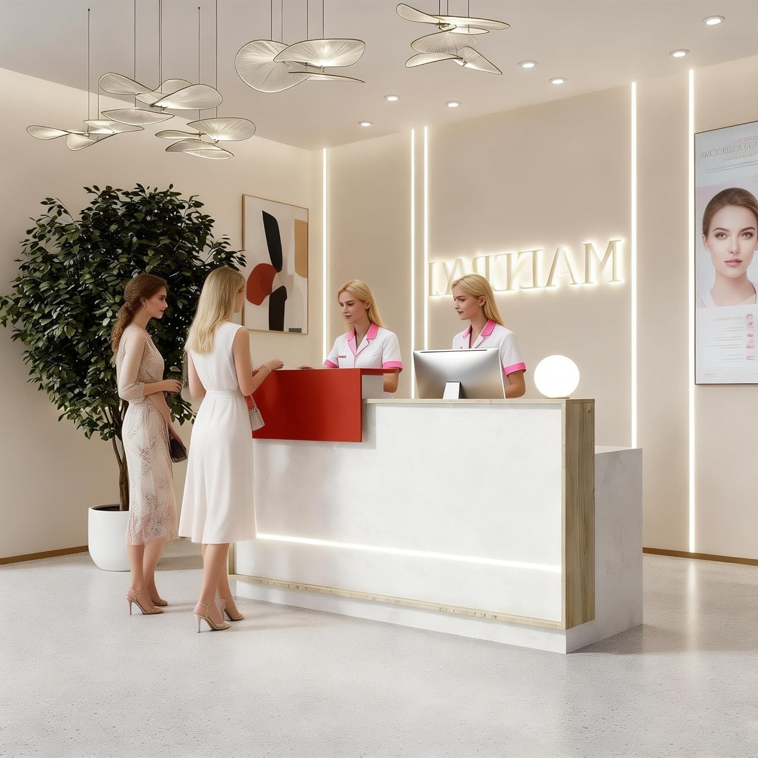 55-71" LED Reception Desk White Stone Modern Front Counter Drawer Cabinet