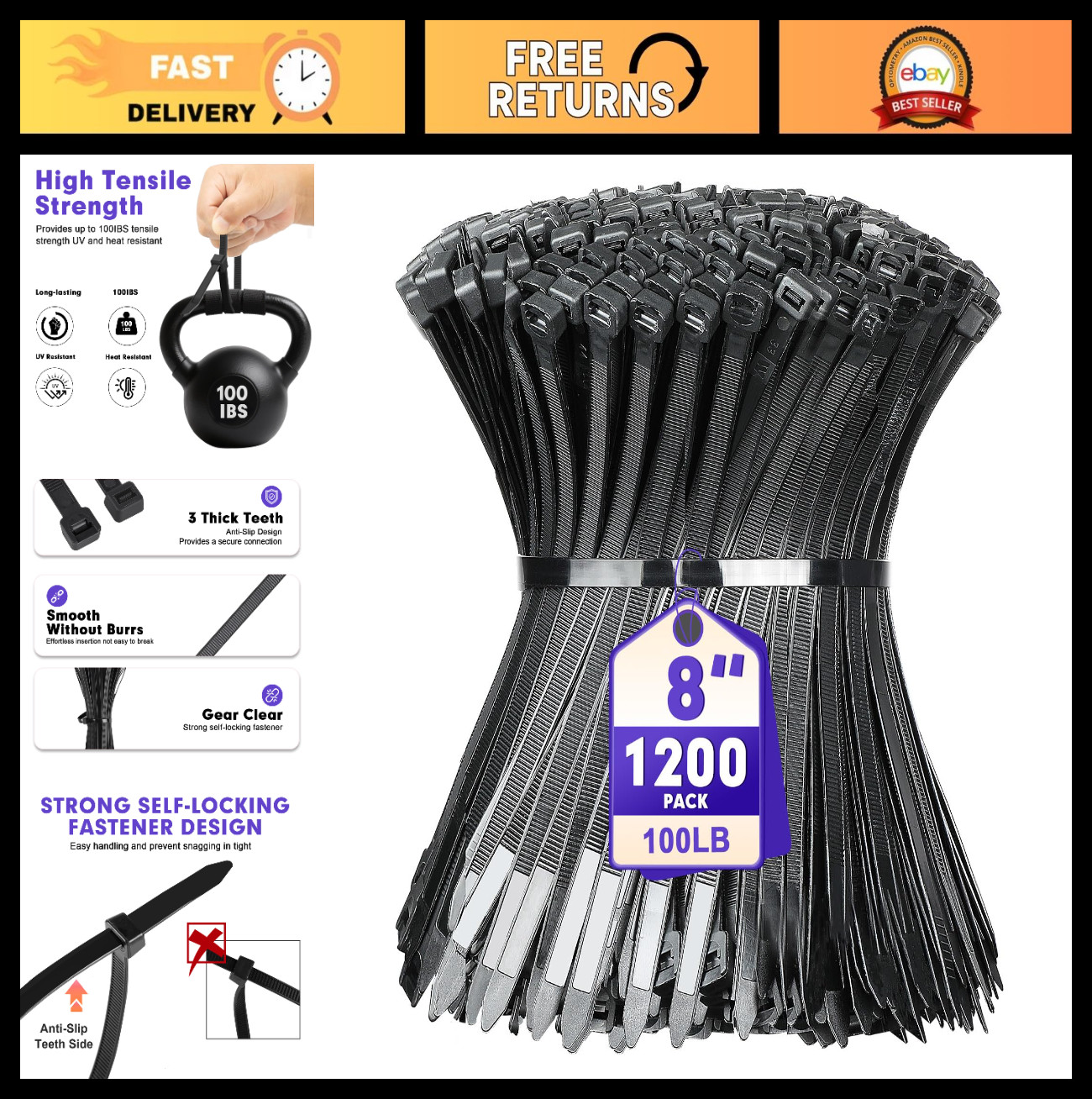 1200pcs Black Zip Ties 8 Inch Heavy Duty Cable Ties, 100lb Tensile Strength, Sel