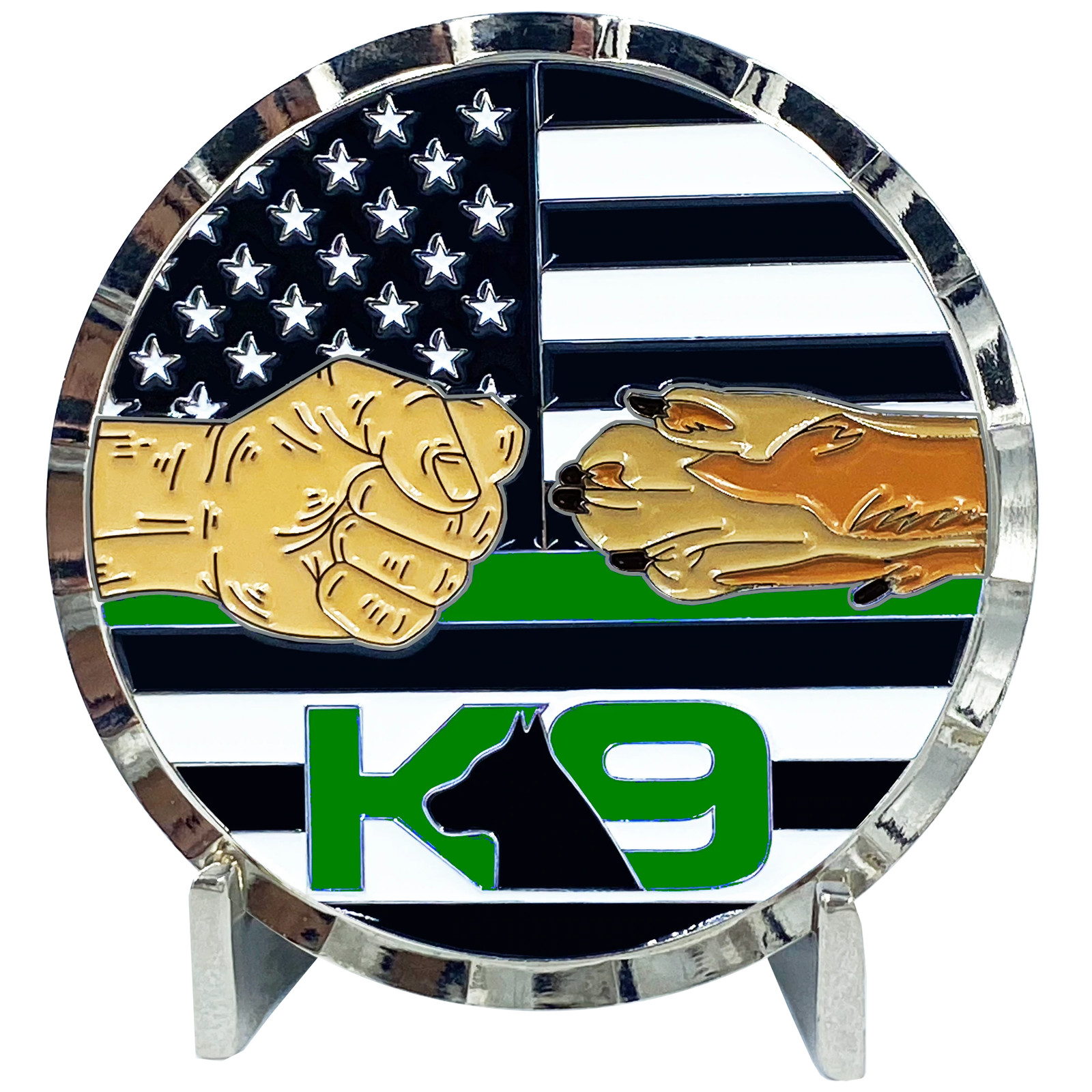 EL6-004 K9 Police Thin Green Line Challenge Coin Fist Paw Bump CBP Border Patrol