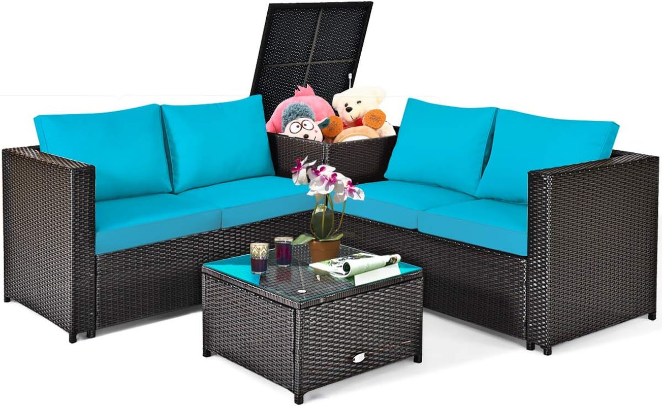 Turquoise Rattan Patio Furniture Set with Cushions & Glass Table - 4 Pieces