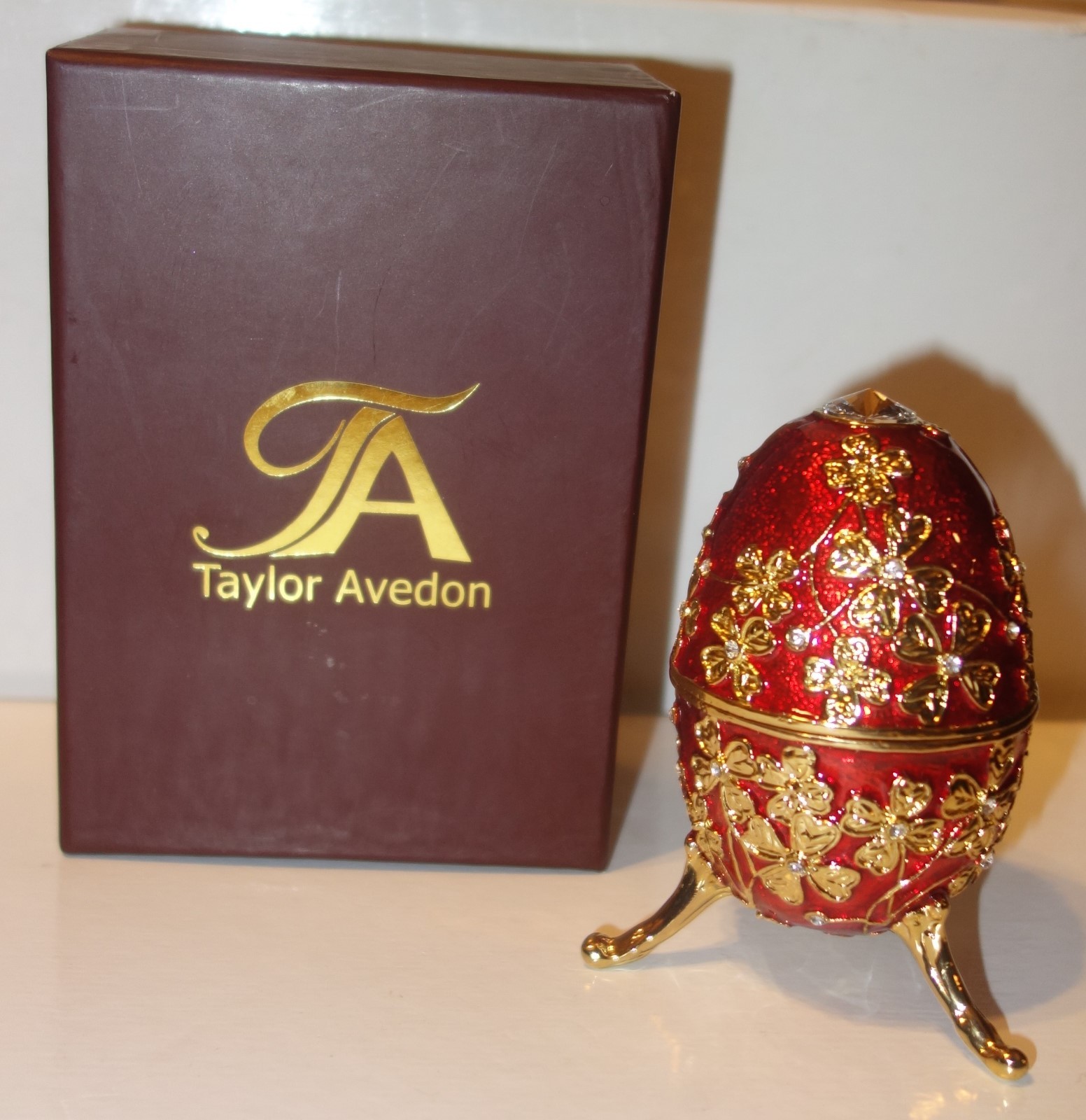 Taylor Avedon Red Enameled Crystal Accented EGG Music Trinket Box - New