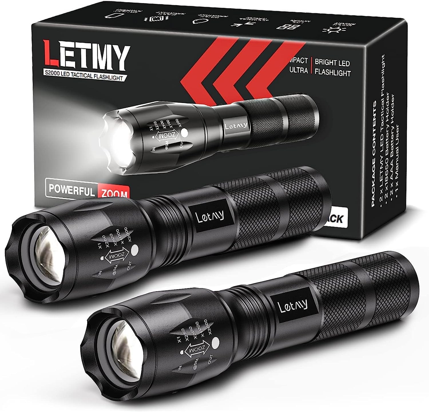 LETMY Tactical Flashlight S2000-2 Pack Bright Military Grade 2 PACK, Black