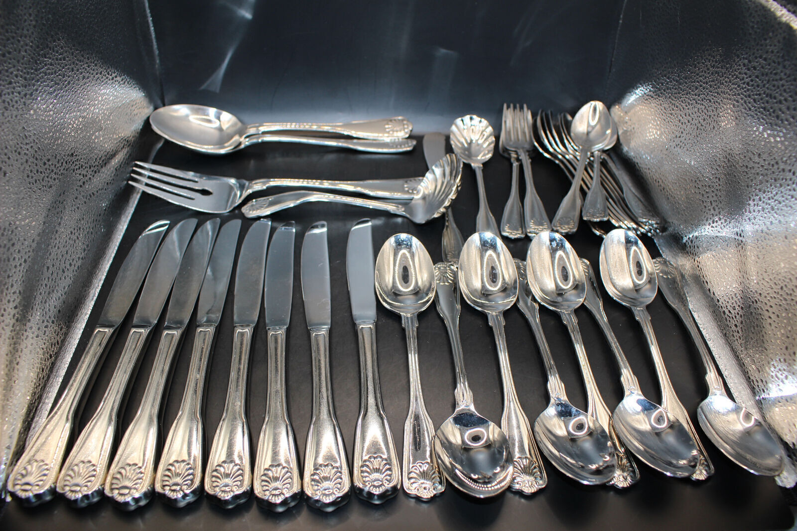 39 PCS INTERNATIONAL STAINLESS ROYAL SHELL FLATWARE-FORKS, SPOONS, KNIVES