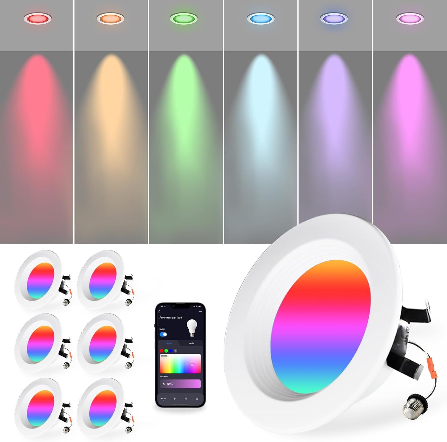 AOKETezm 4 inch Smart LED WIFI Lights 6 pk Retrofit Recessed Lighting RGBCW Alex