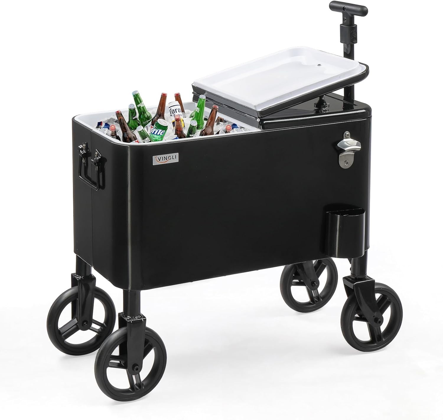 80 Quart Rolling Cooler Ice Chest with Wheels and Long Handle Black