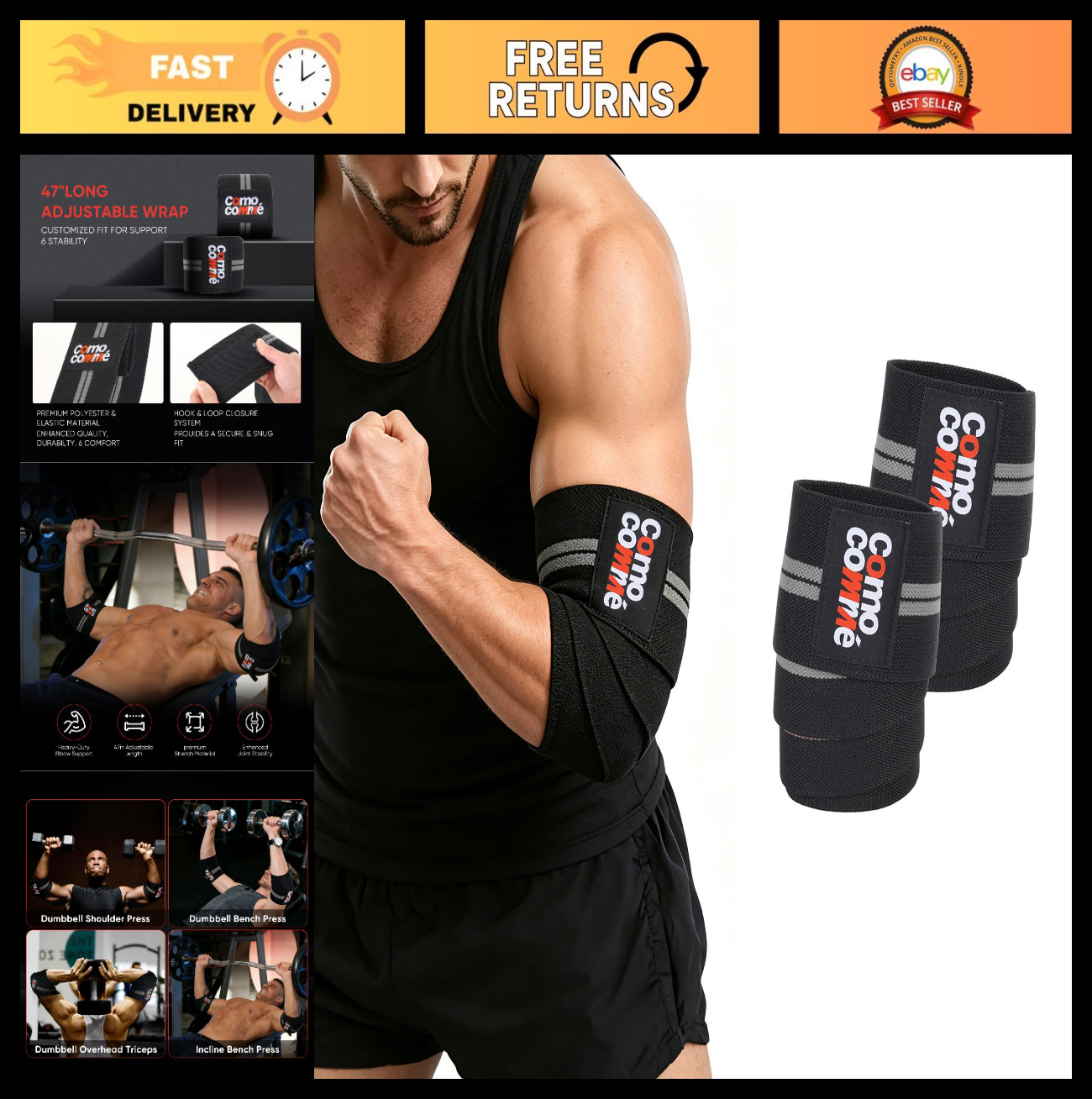 Adjustable Weightlifting Elbow Wraps - 47" Compression Straps for Gym Support