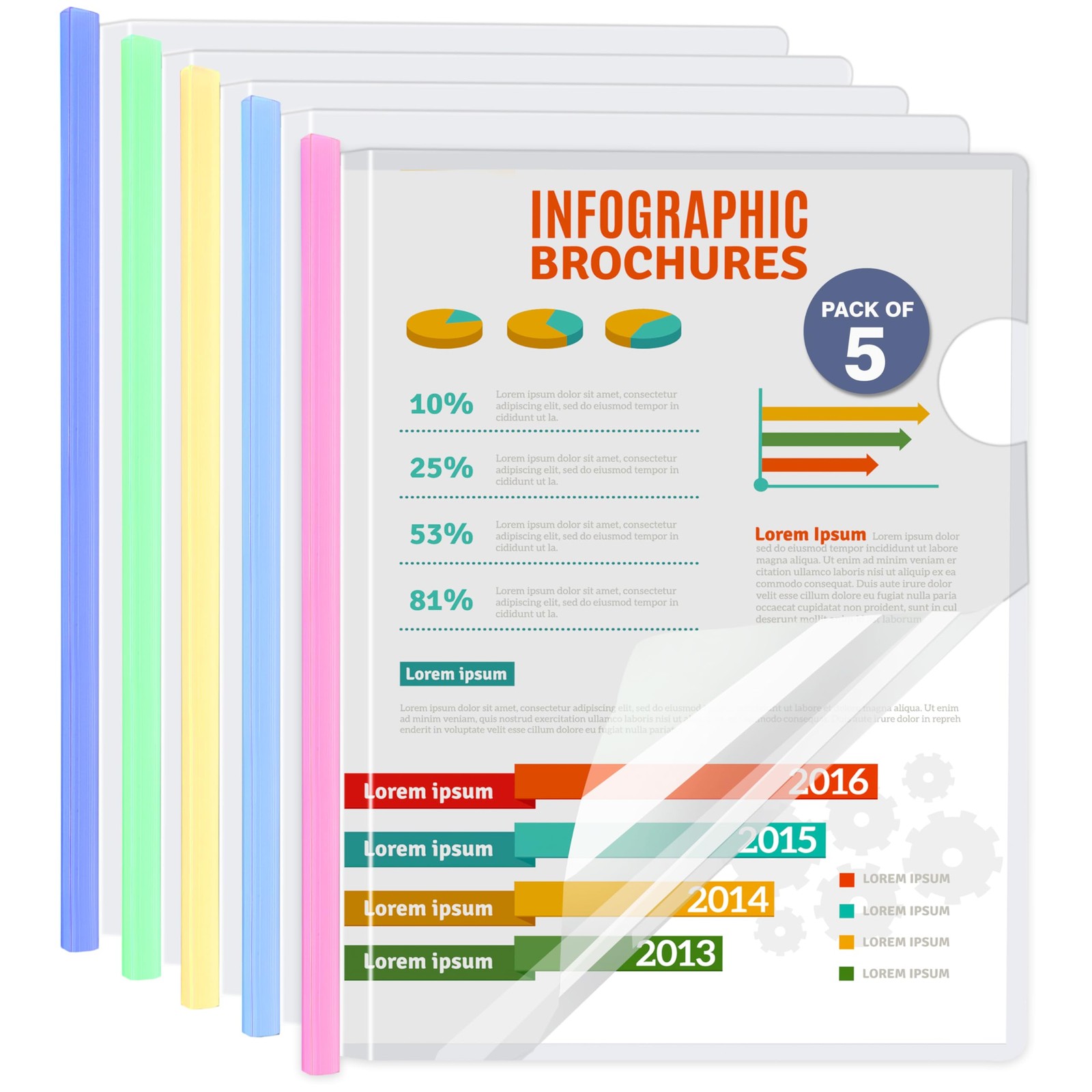 5 Pack Report Covers with Multi-Color Sliding Bar - Clear Plastic Presentatio...