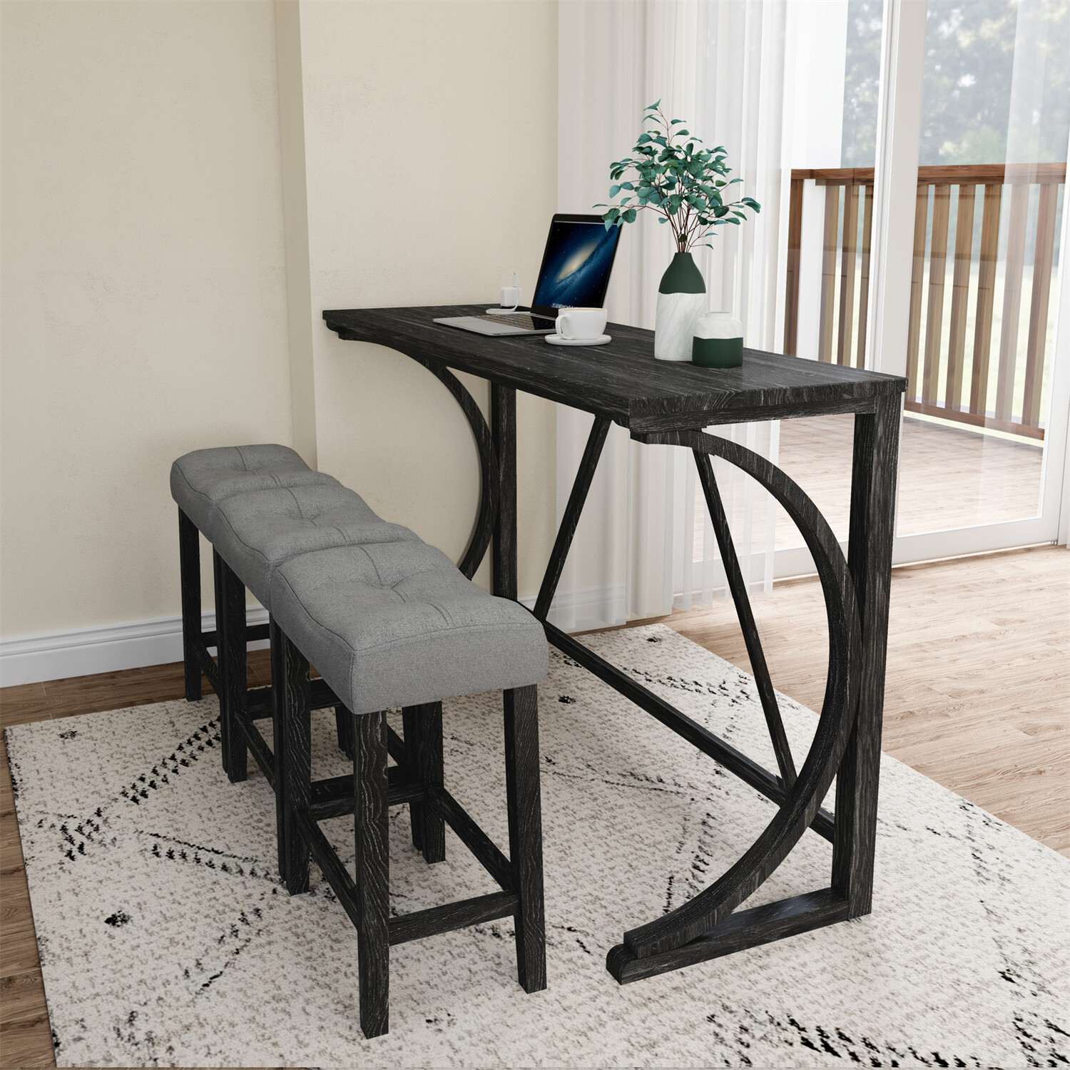 4 Piece Bar Table Set Counter Height Kitchen Dining Table w/ 3 Bar Stools