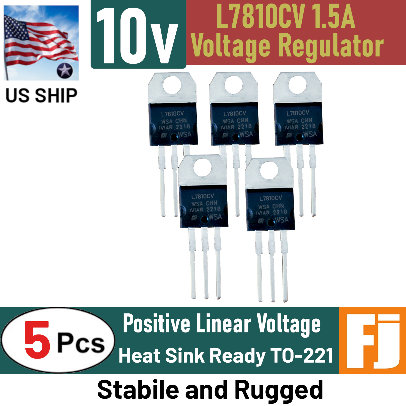5x  L7810CV | 3 Pin Positive Voltage Regulator | 10V 1.5A TO-220 | US Ship