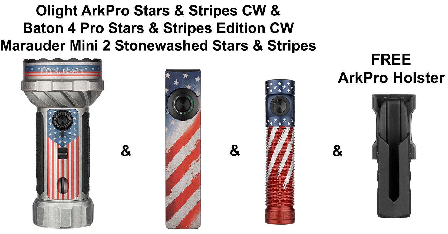Olight ArkPro (3R), Marauder Mini 2 Stonewashed & Baton 4 Pro Stars & Stripes CW