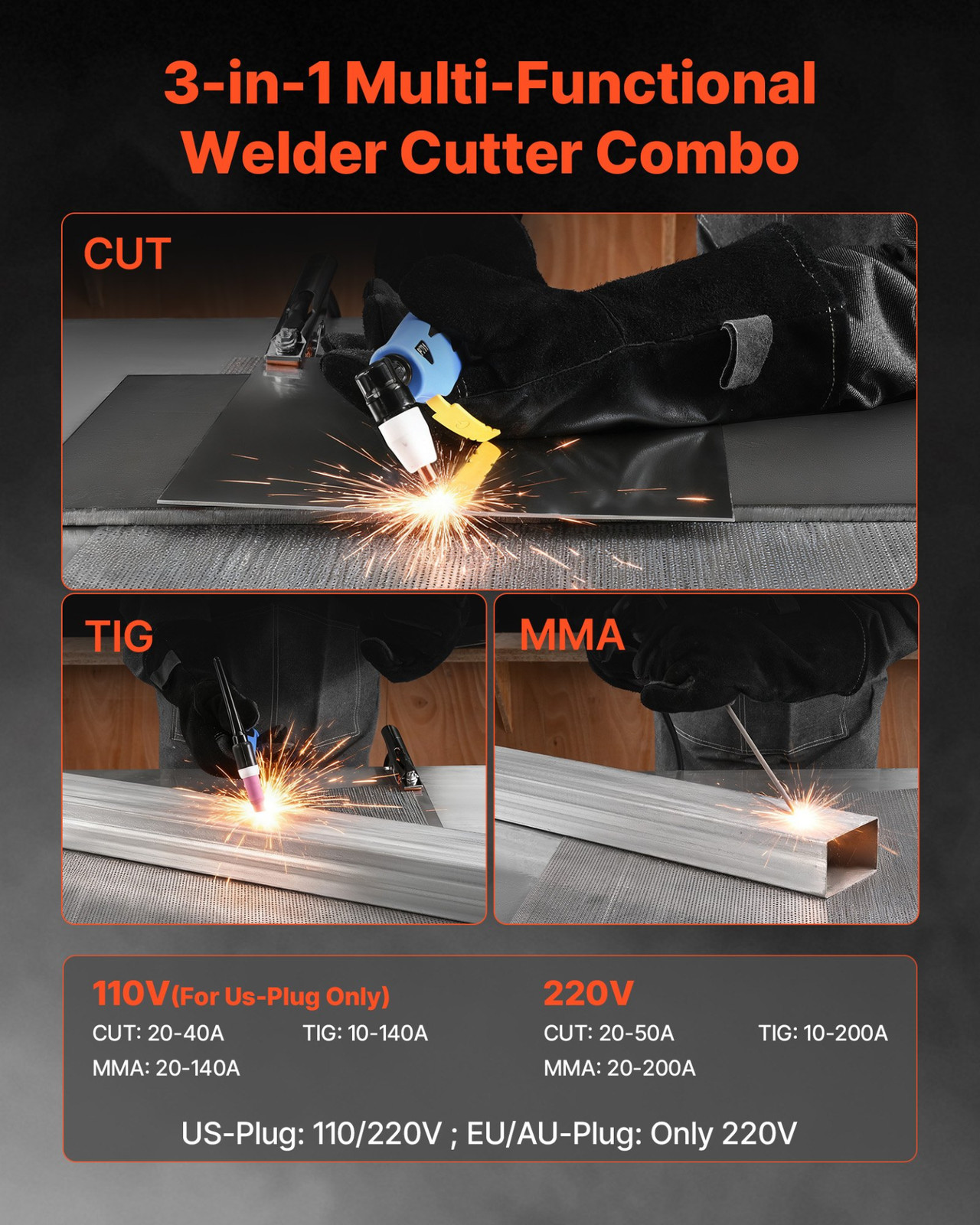 3-in-1 Plasma Cutter Welder CUT TIG MMA 50A Cutter 200A Welder 110/220V