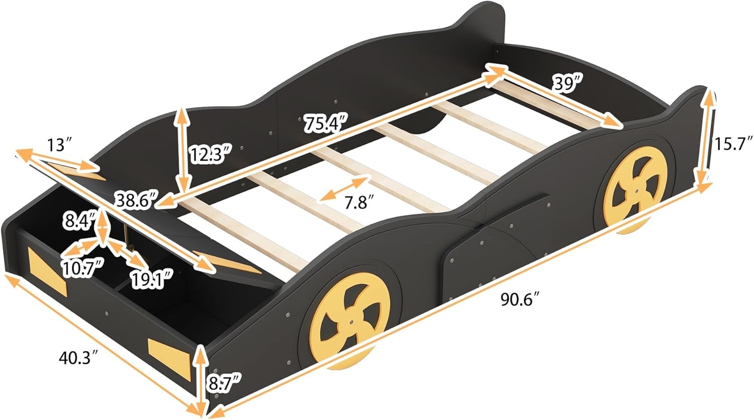 Twin Race Car Shaped Platform Bed with Wheels Black Yellow