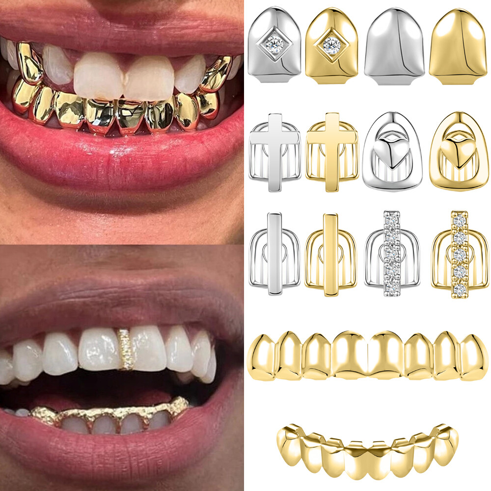 18K Gold Plated Grills Teeth HipHop Top&Bottom Tooth Cap Set CZ Teeth Capped