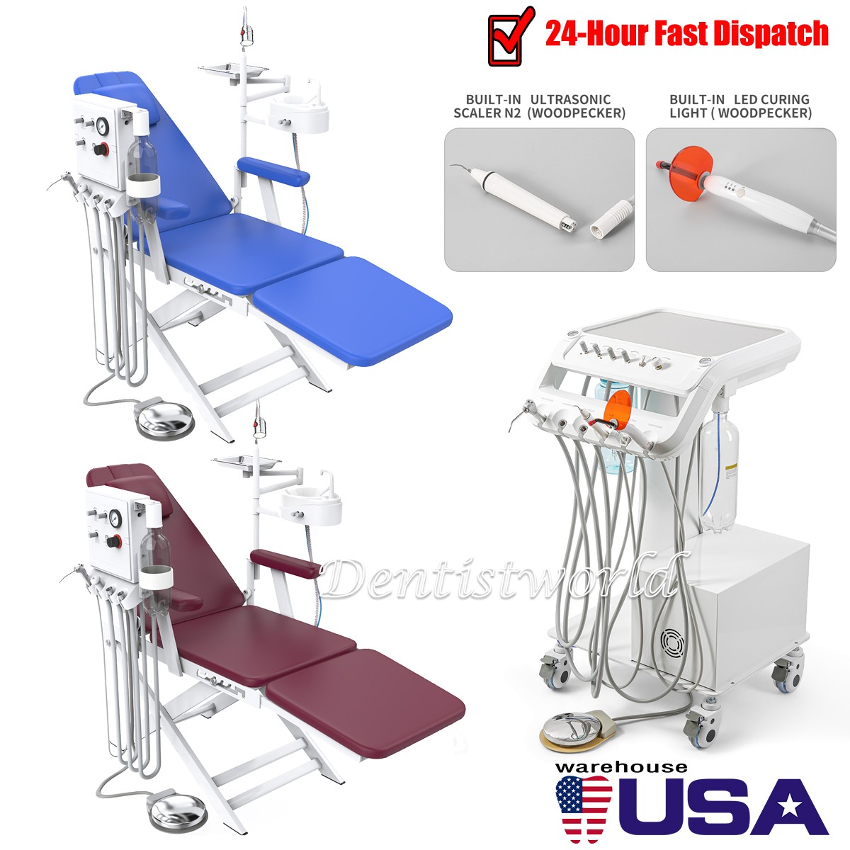 Unidad Dental Portátil con Compresor 4 Salidas en Carro Rodante / o con Silla
