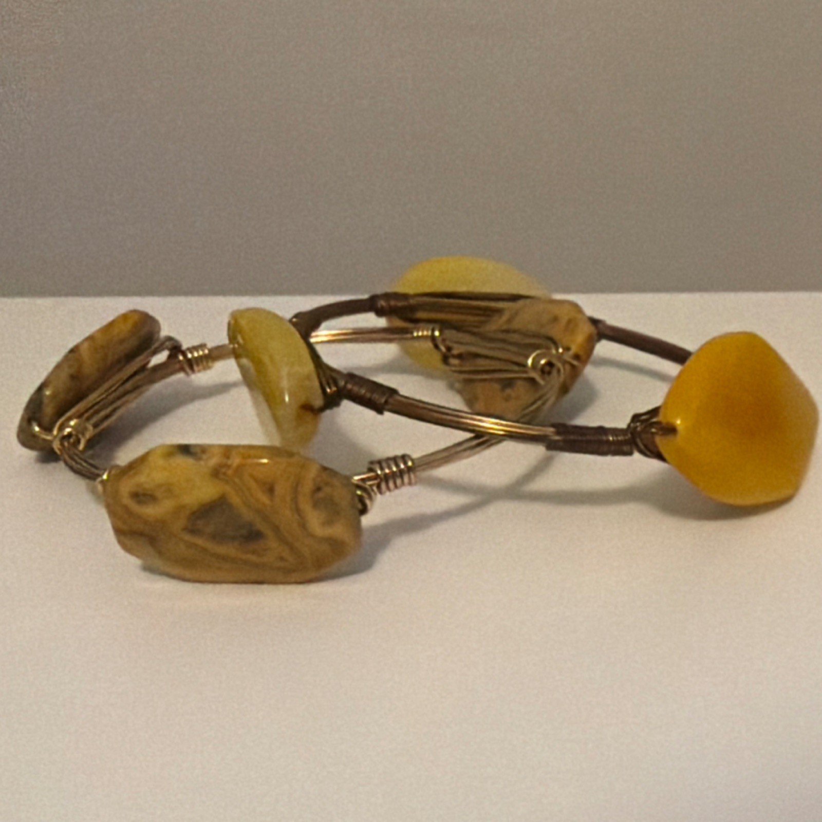 2 Handcrafted Wire Wrapped Agate Bangle Bracelet Yellow Brown Stone