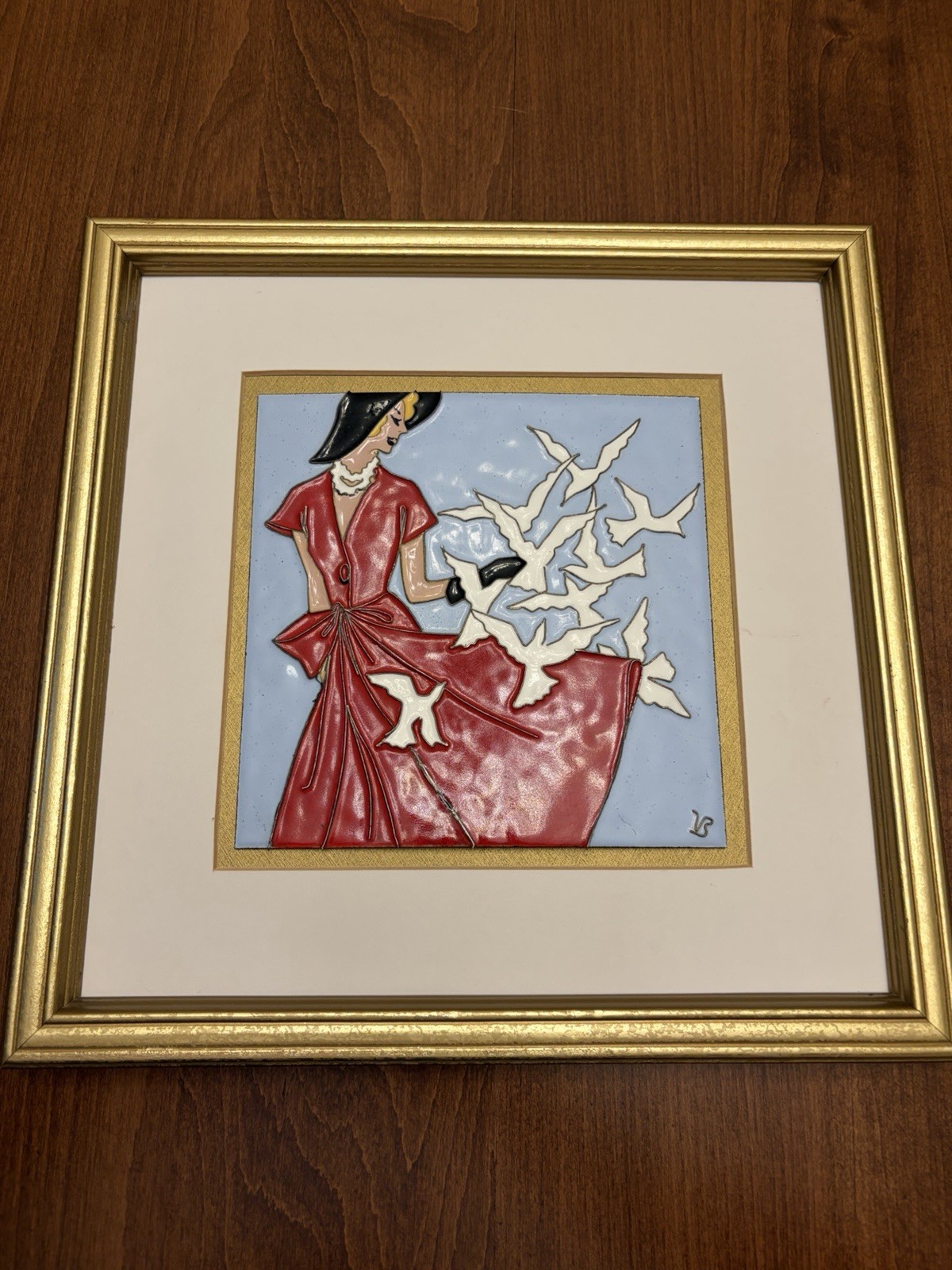 Virginia Brown Enamel’s “The White Doves” Glass-On-Metal-Cloisonné  Framed Art