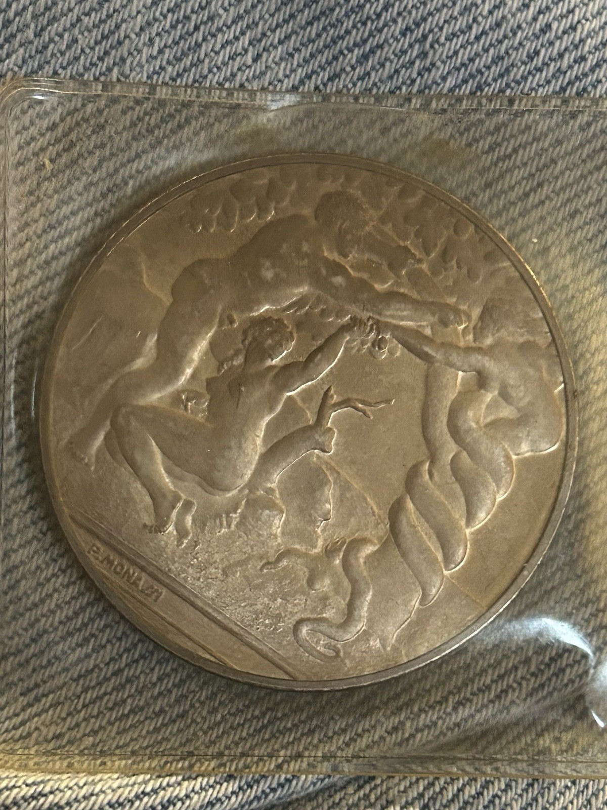 Scarce Michaelangelo’s Adam And Eve In Garden Large Silver Round. Toned Proof !