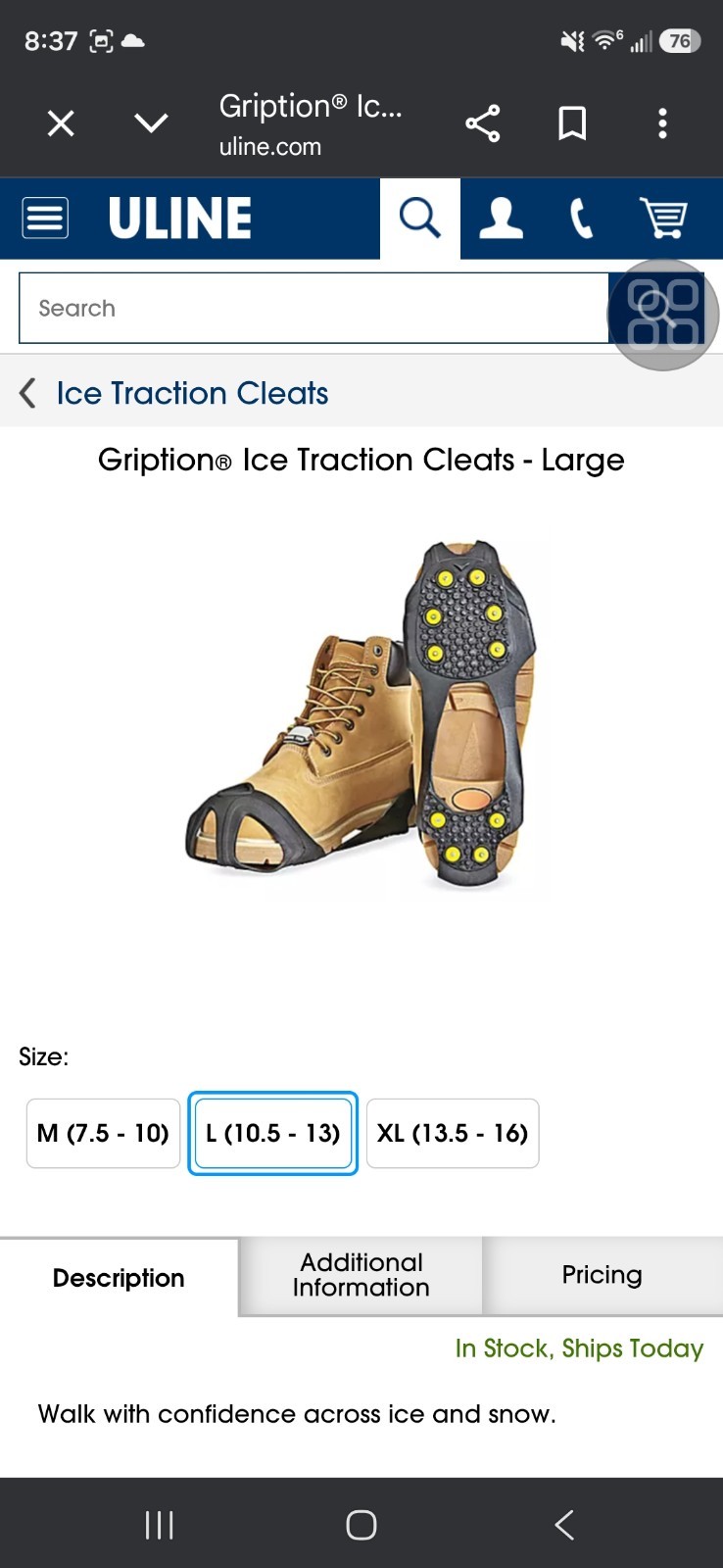 Uline Gription Ice Traction Cleats Large Black Yellow Reusable S-25366-L