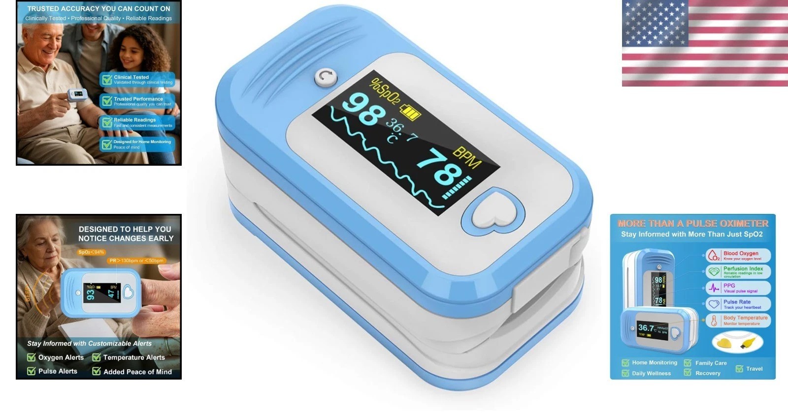 5-in-1 Pulse Oximeter with Alarm, SpO2, Temperature