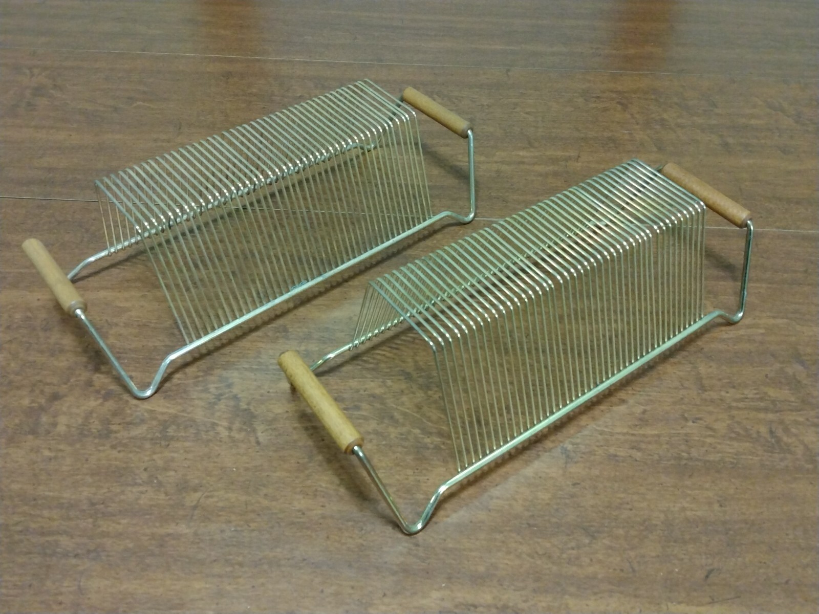 Vintage Record Rack Holders Brass Wire w/Wood Handles Holds 40 Lot of 2