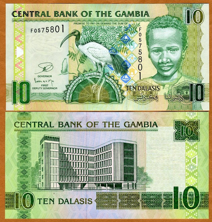 Gambia, 10 Dalasis, ND (2013) P-26c UNC Sacred Ibis, a boy, the central bank