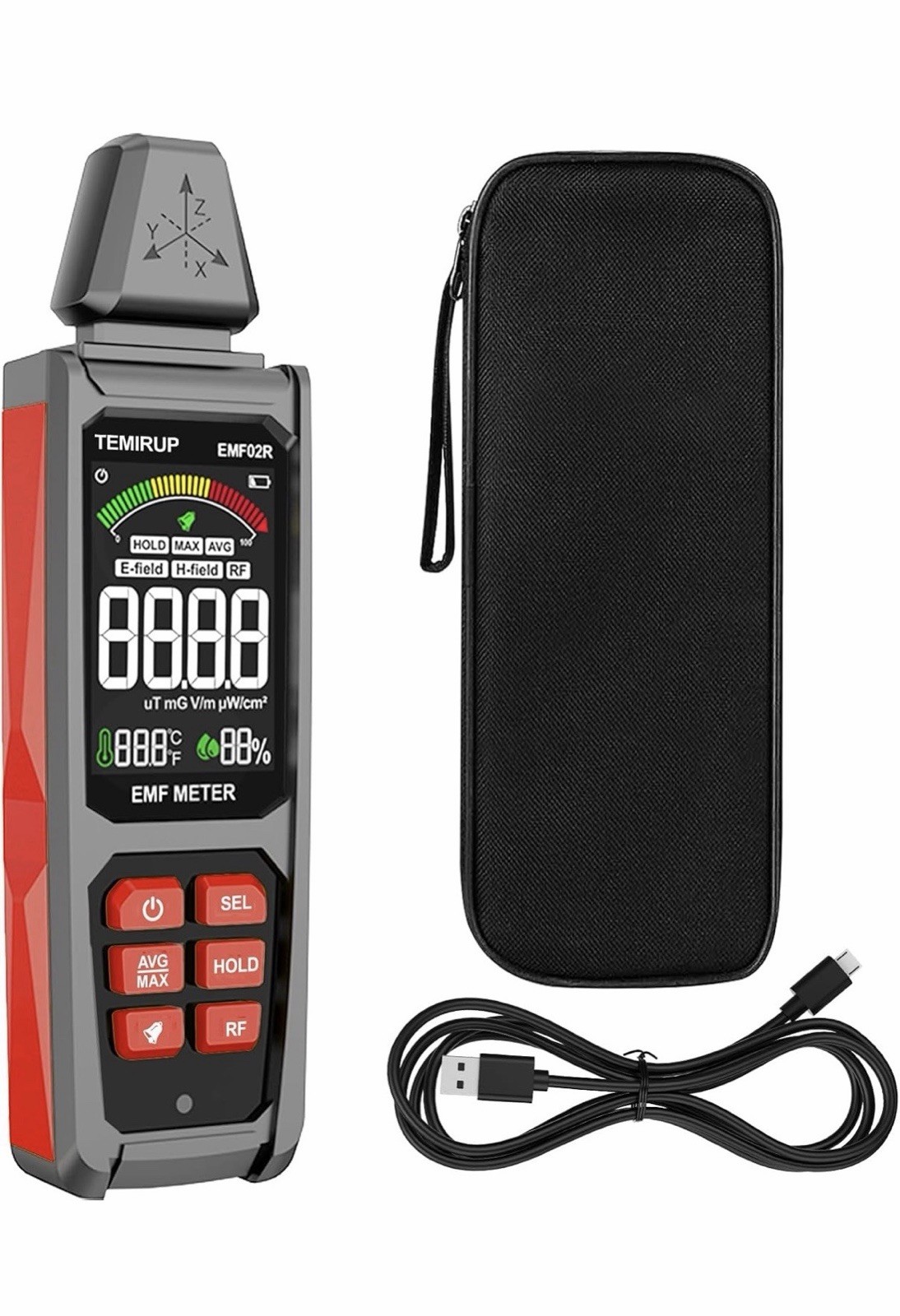 TEMIRUP EMF02R 5-in-1 EMF Meter Triple Axis Detector USB Type-C